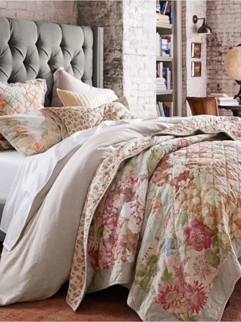 Pottery Barn Floral Patchwork Quilt in Pink, Green, Cream